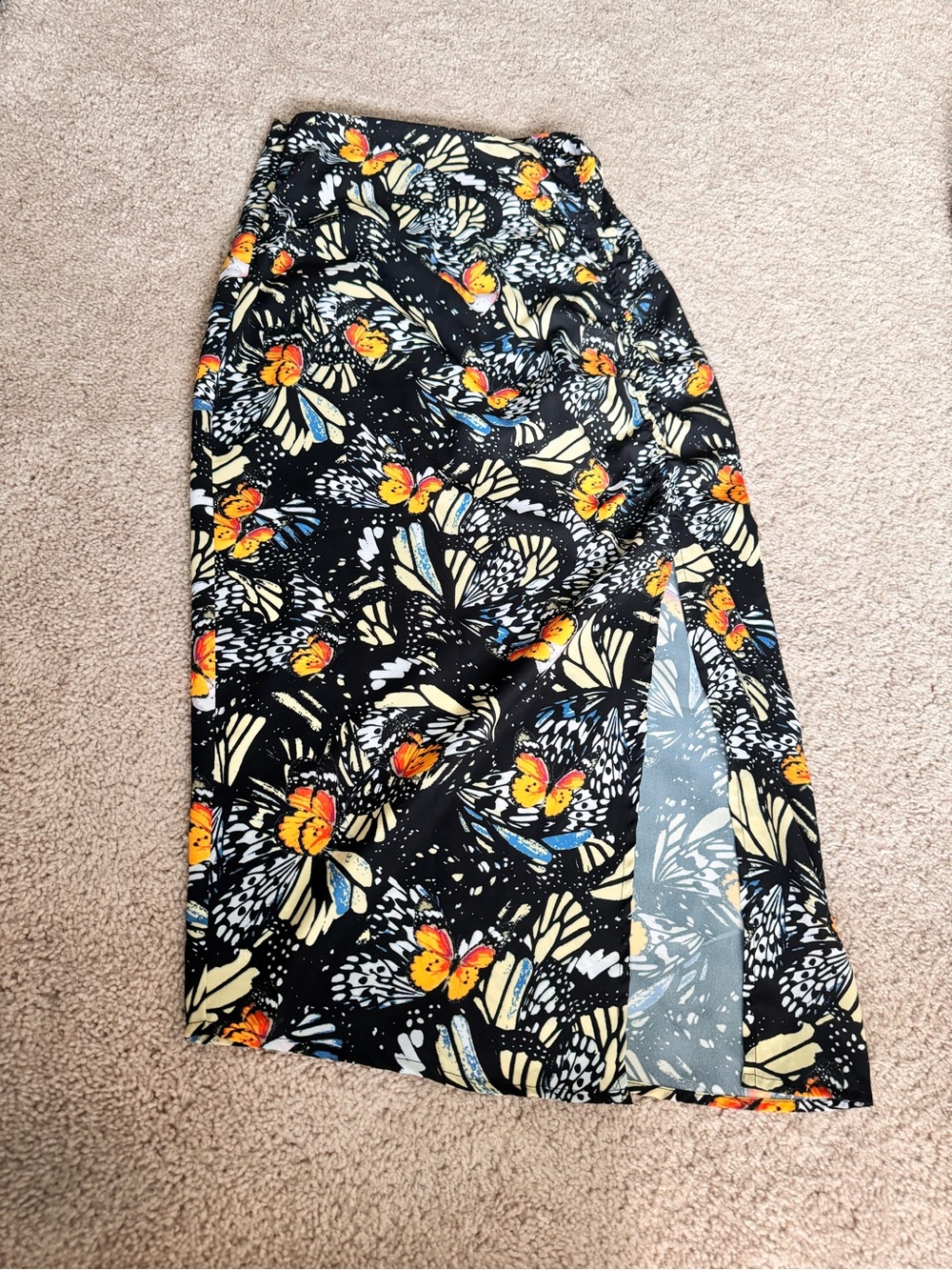 AREA Black Midi Skirt with Yellow & Orange Butterfly Print